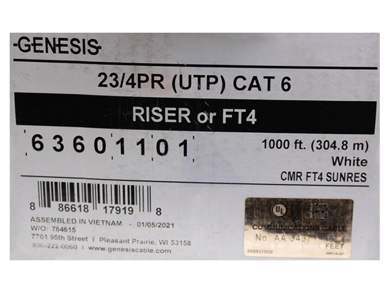 Gen-63601101 Cable UTP 4Pares 23AWG Riser Cat.6 Sin Costilla Color Blanco - Image 3